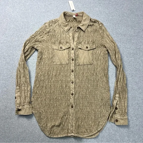 Anthropologie Pilcro Top Womens XS Brown Button Down Smocked Shacket NWT - Picture 1 of 7